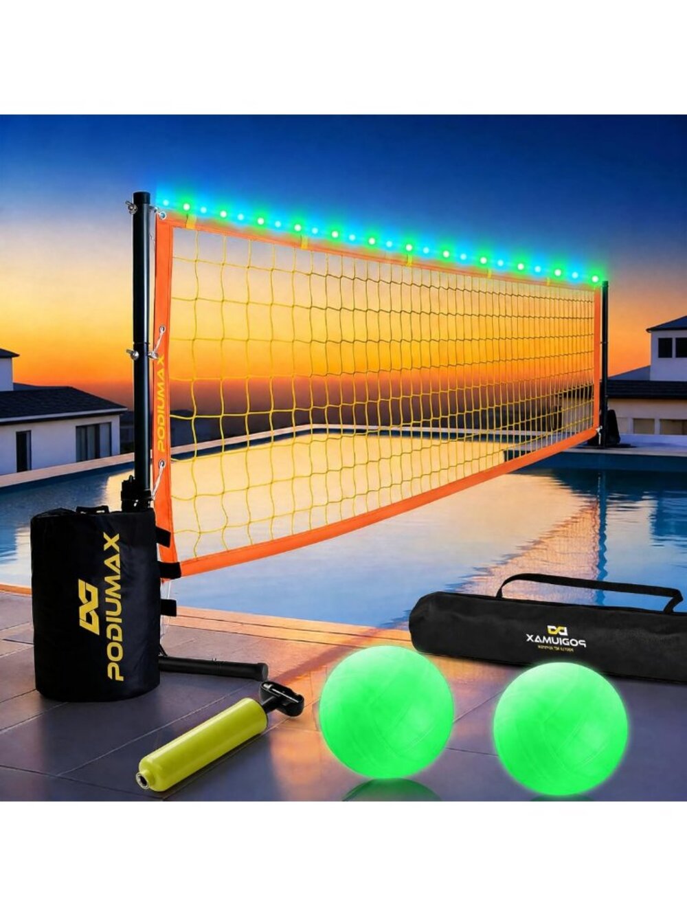 Adjustable Pool Volleyball Net with Lights - Rust-Resistant Frame